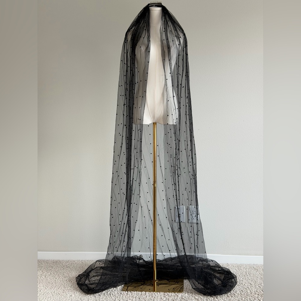 Sheer Black Beaded Tulle Veil with Comb-Romantic Gothic Bridal Hair